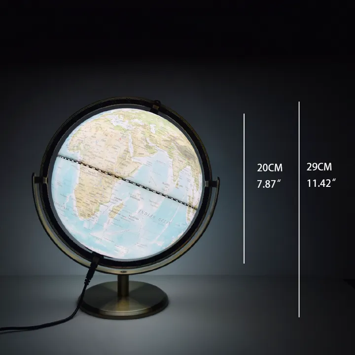 20cm (8") Illuminated Physical World Globe with Green Topographic Map & Metal Stand - World Globe